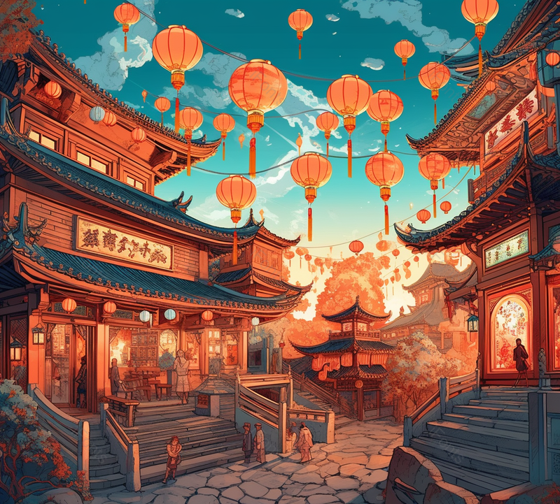 古代街道国风古代繁华建筑傍晚祥云壮观新中式插画,插画/手绘图,插画/手绘图库,插画/手绘图下载,插画/手绘